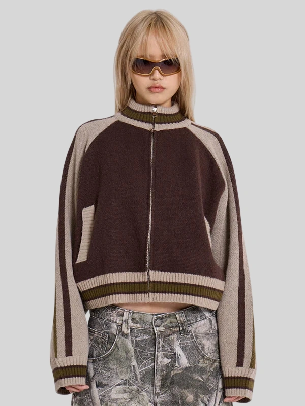 Jaded London Team 85 Knitted Brown Bomber Jacket