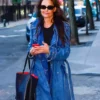 Katie Holmes Denim Studded Blue Leather Trench Coat