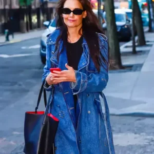 Katie Holmes Denim Studded Blue Leather Trench Coat