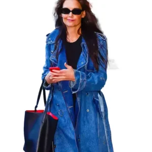 Katie Holmes Denim Studded Blue Leather Trench Coat Shop Now