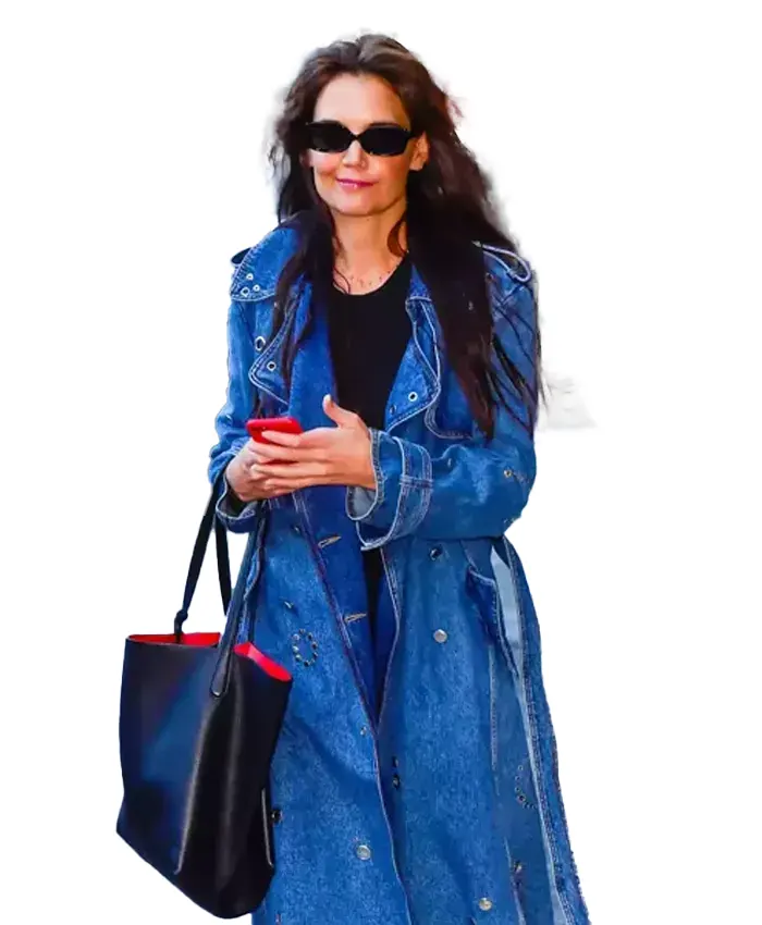 Katie Holmes Denim Studded Blue Leather Trench Coat Shop Now