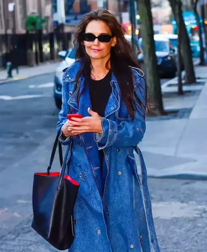 Katie Holmes Denim Studded Blue Leather Trench Coat