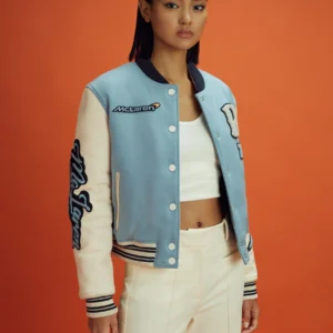 McLaren Soft Blue Ecru Wool Varsity Jacket