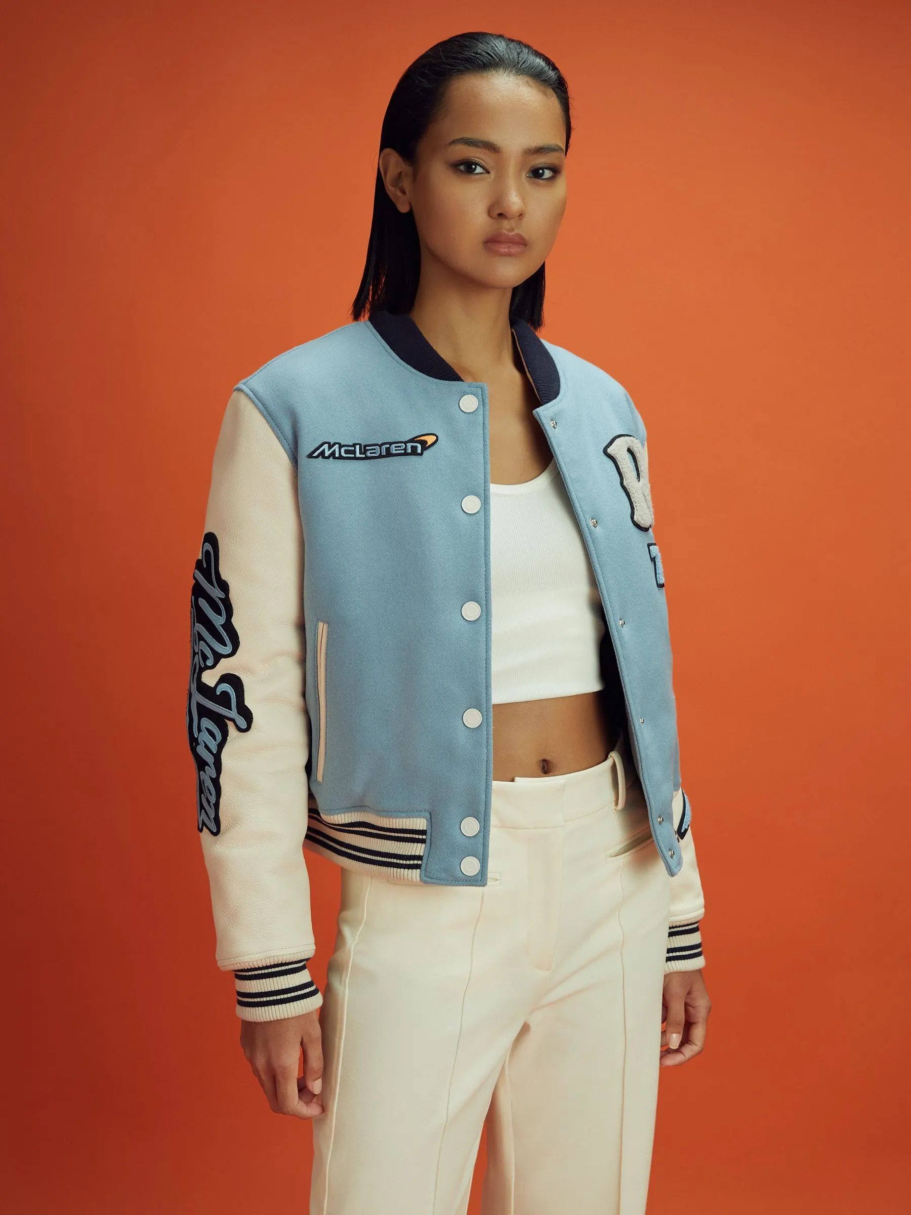 McLaren Soft Blue Ecru Wool Varsity Jacket