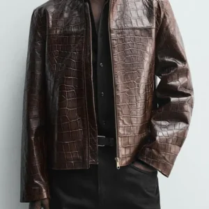 Men Zara Crocodile Style Leather Jacket For Sale