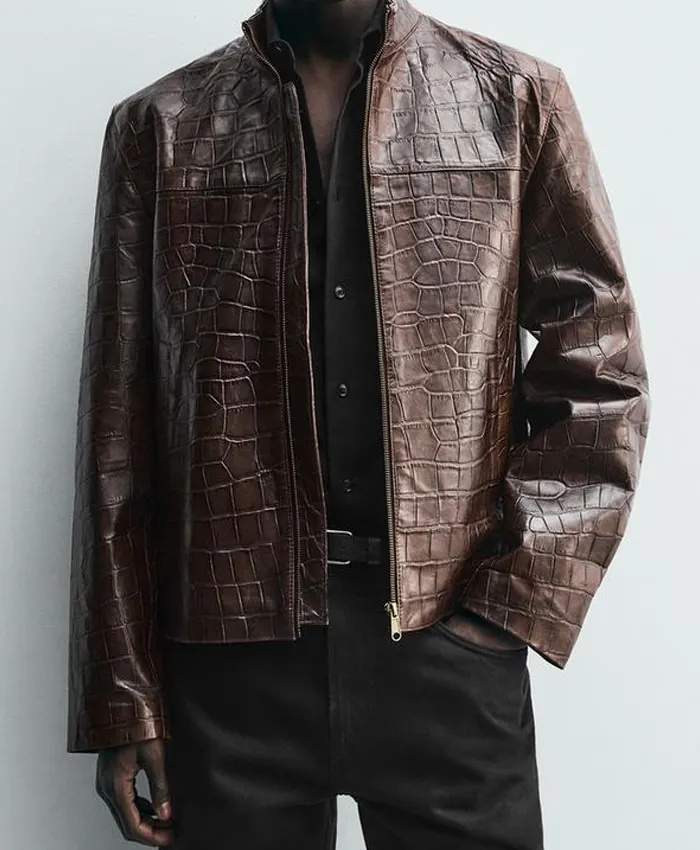 Men Zara Crocodile Style Leather Jacket For Sale