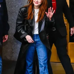 Sadie Sink Black Leather Coat