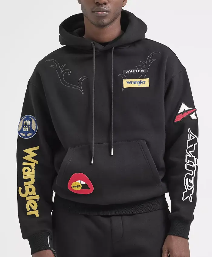 Shop AVIREX x Wrangle Unisex Multi-Patch Black Hoodie