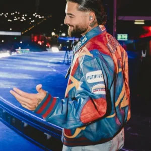 Shop Maluma 2026 Live Performance Color-Block Leather Jacket