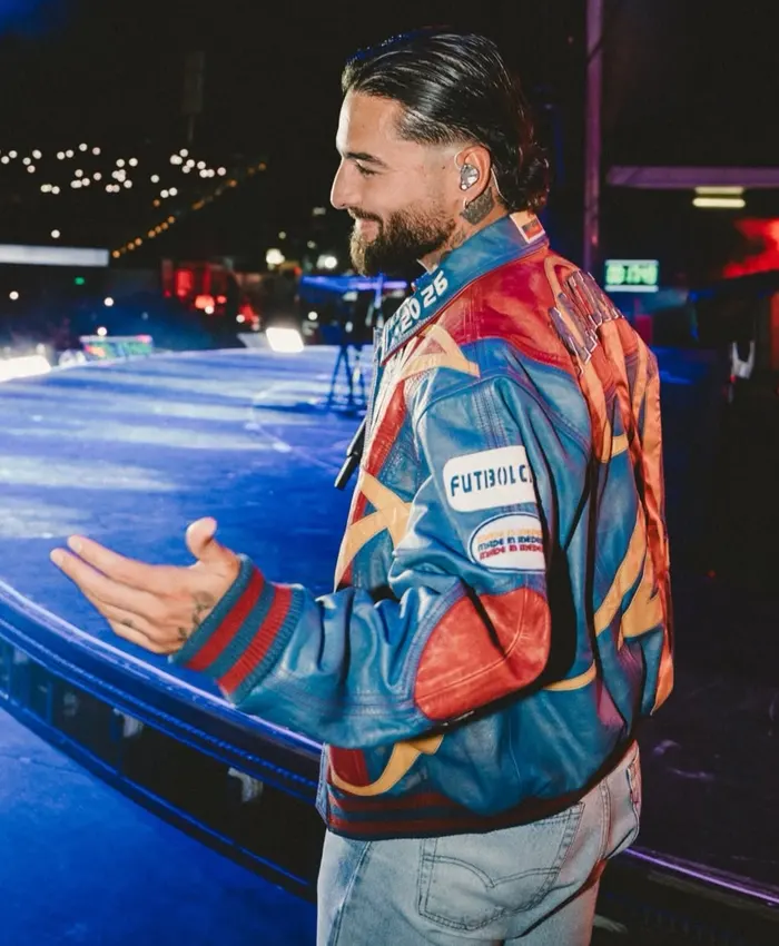 Shop Maluma 2026 Live Performance Color-Block Leather Jacket