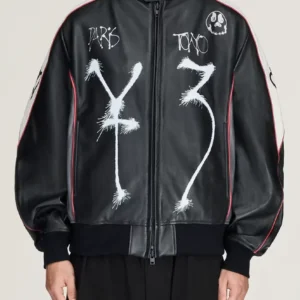 Shop Men’s Y-3 Chito Graphic Leather Black Biker Jacket