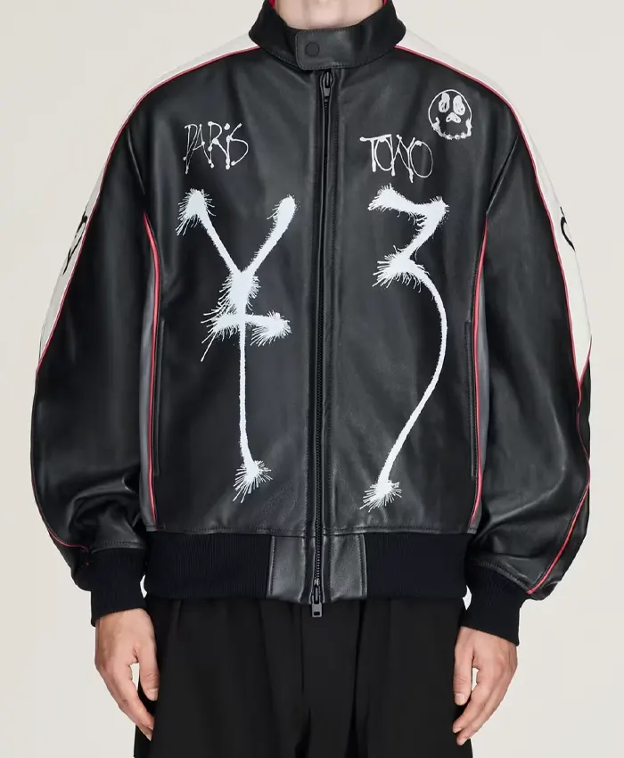Shop Men’s Y-3 Chito Graphic Leather Black Biker Jacket