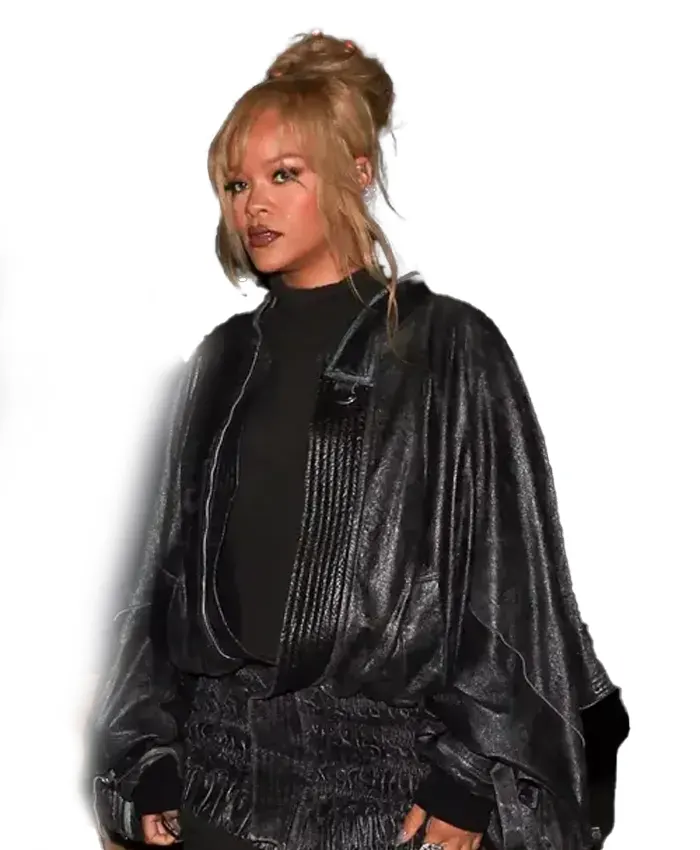 Shop Rihanna Oversized Black Leather Cape Jacket
