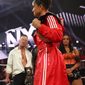 Shop WWE NXT 2026 Kelani Jordan Red Leather Adidas Hooded Coat