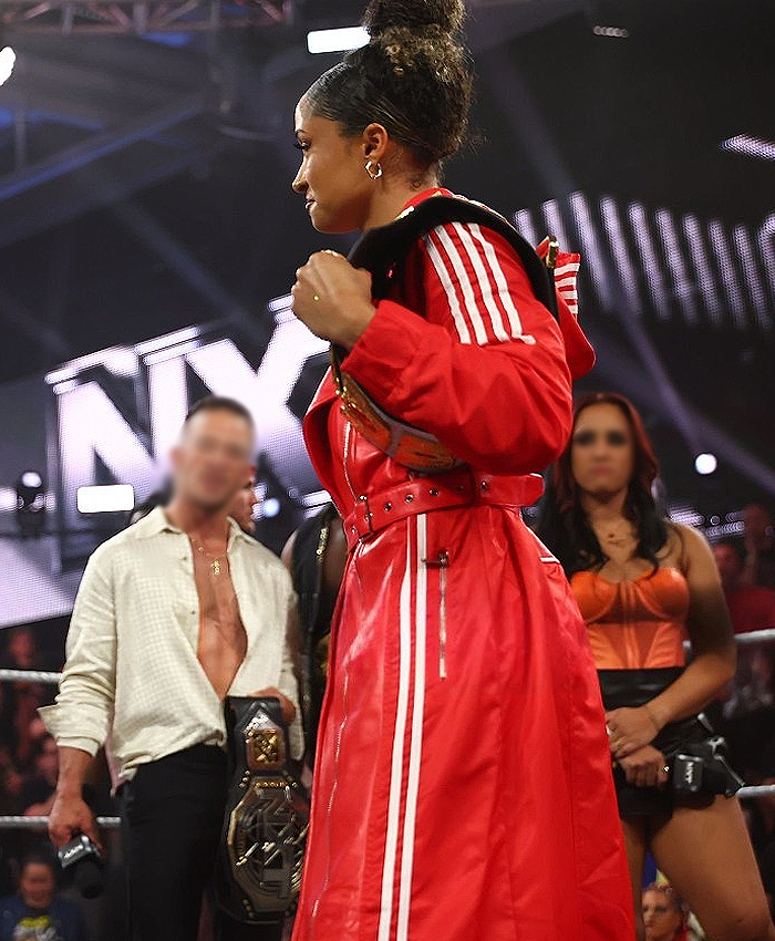 Shop WWE NXT 2026 Kelani Jordan Red Leather Adidas Hooded Coat