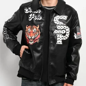 Southpole Stud Tiger Black Leather Bomber Jacket