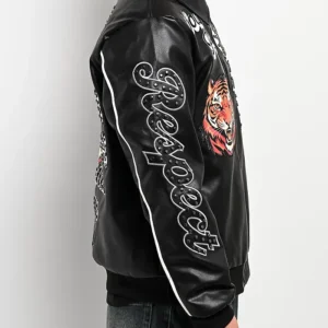 Southpole Stud Tiger Black Leather Bomber Jacket For Sale