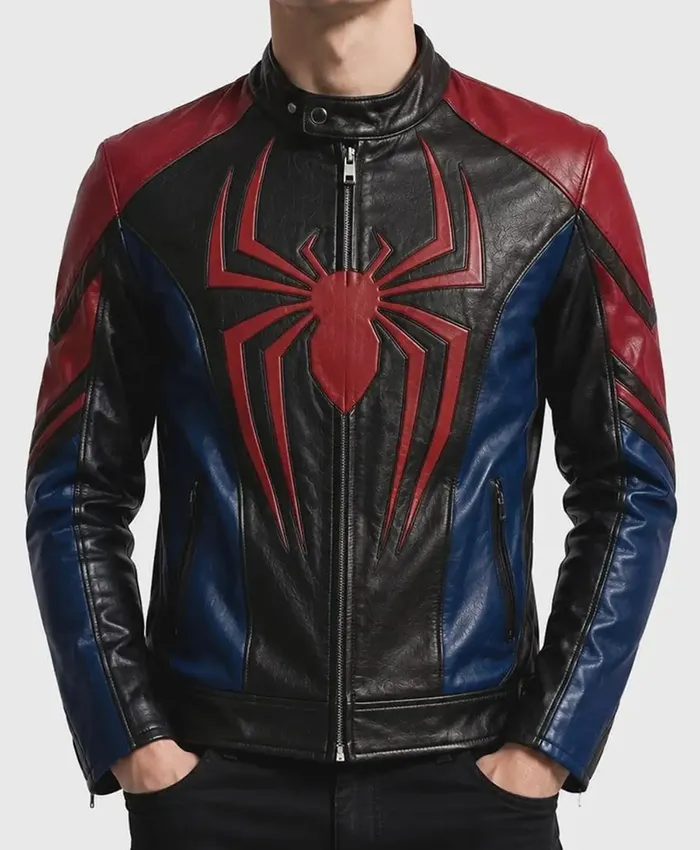 Spider-Man Cosplay Black Red Blue Biker Leather Jacket