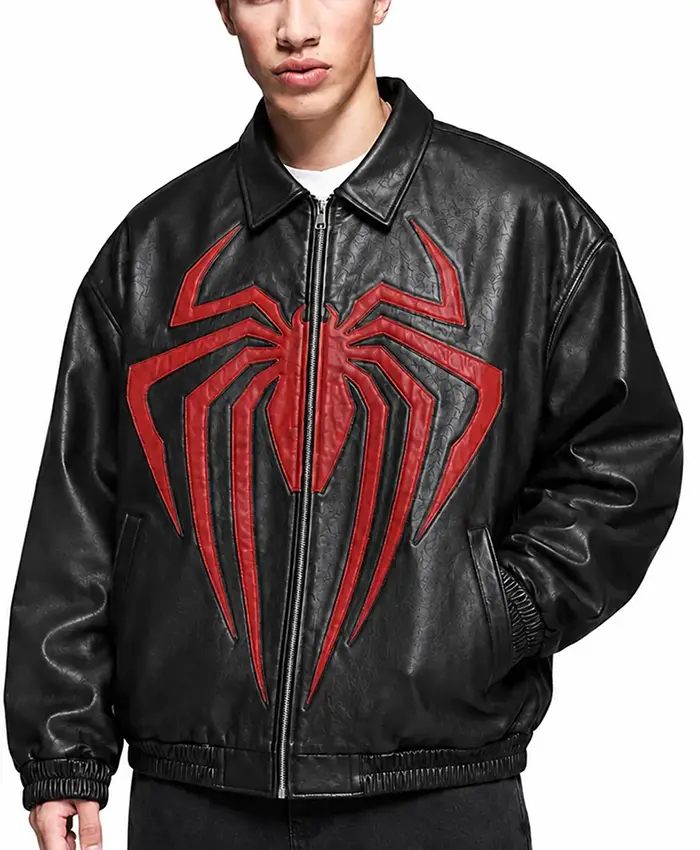 Spider-Man Inspired Oversized Black Leather Bomber Jacket