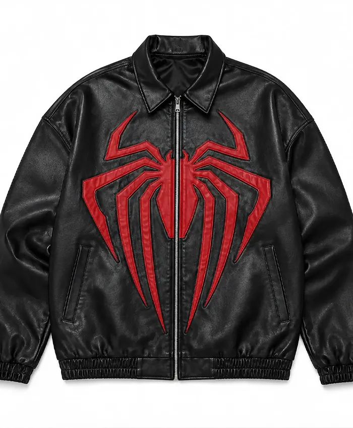 SpiderMan Oversized Leather Black Bomber Jacket