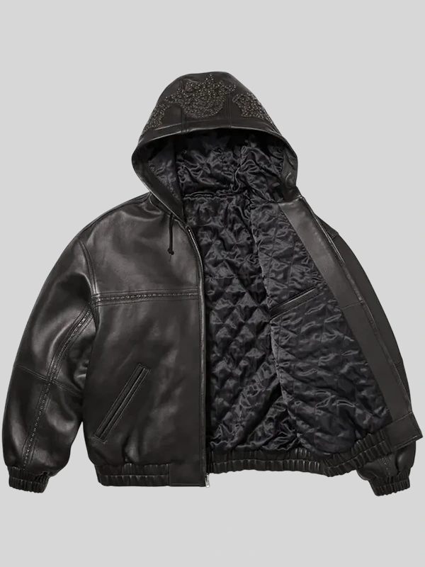 Supreme Studded Hooded Black Leather Jacket
