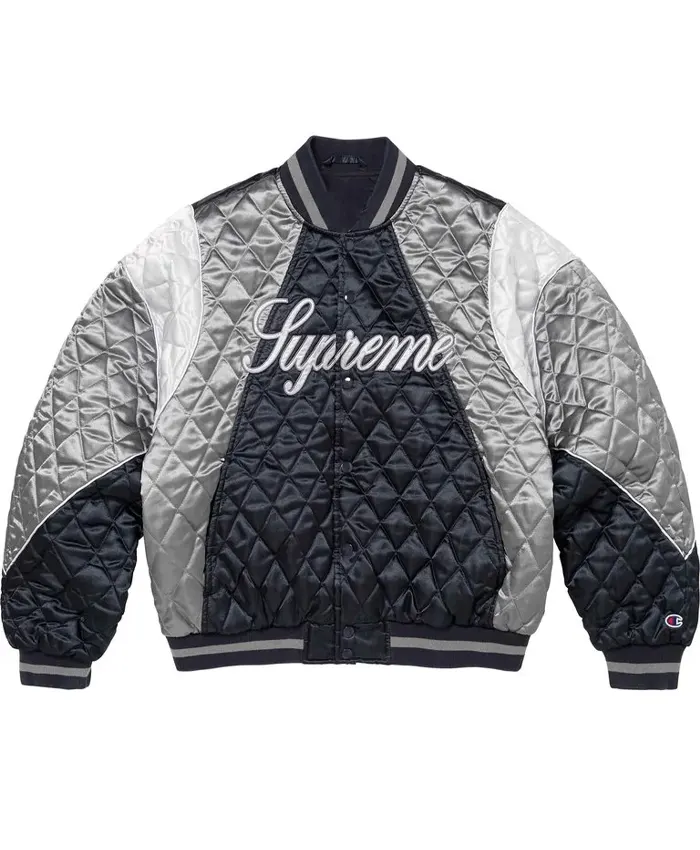 Supreme x Champion Quilted Navy Satin Varsity Jacket