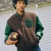 Timberland Brown and Green Wool Leather Letterman Jacket