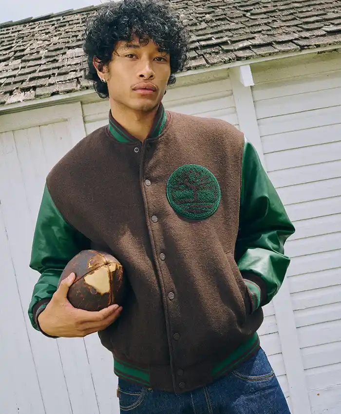 Timberland Brown and Green Wool Leather Letterman Jacket