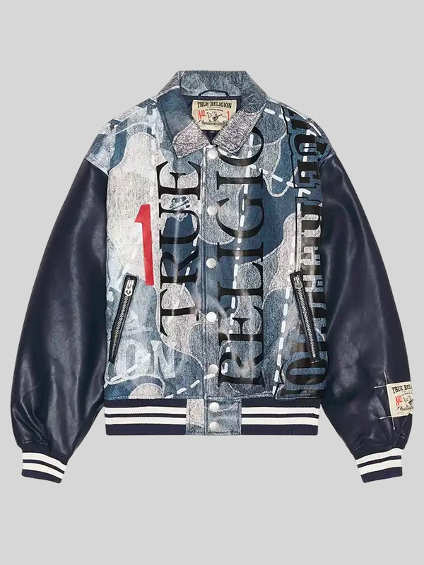 True Religion No. 1 Logo Denim Print Bomber Jacket
