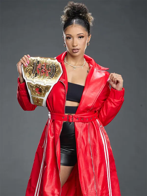 WWE NXT 2026 Kelani Jordan Red Leather Adidas Hooded Coat Shop Now