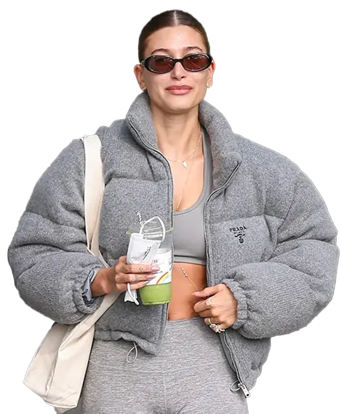 buy Hailey Bieber Grey Puffer Jacket