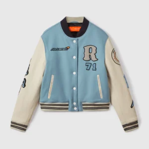 buy now McLaren Soft Blue Ecru Wool Varsity Jacket