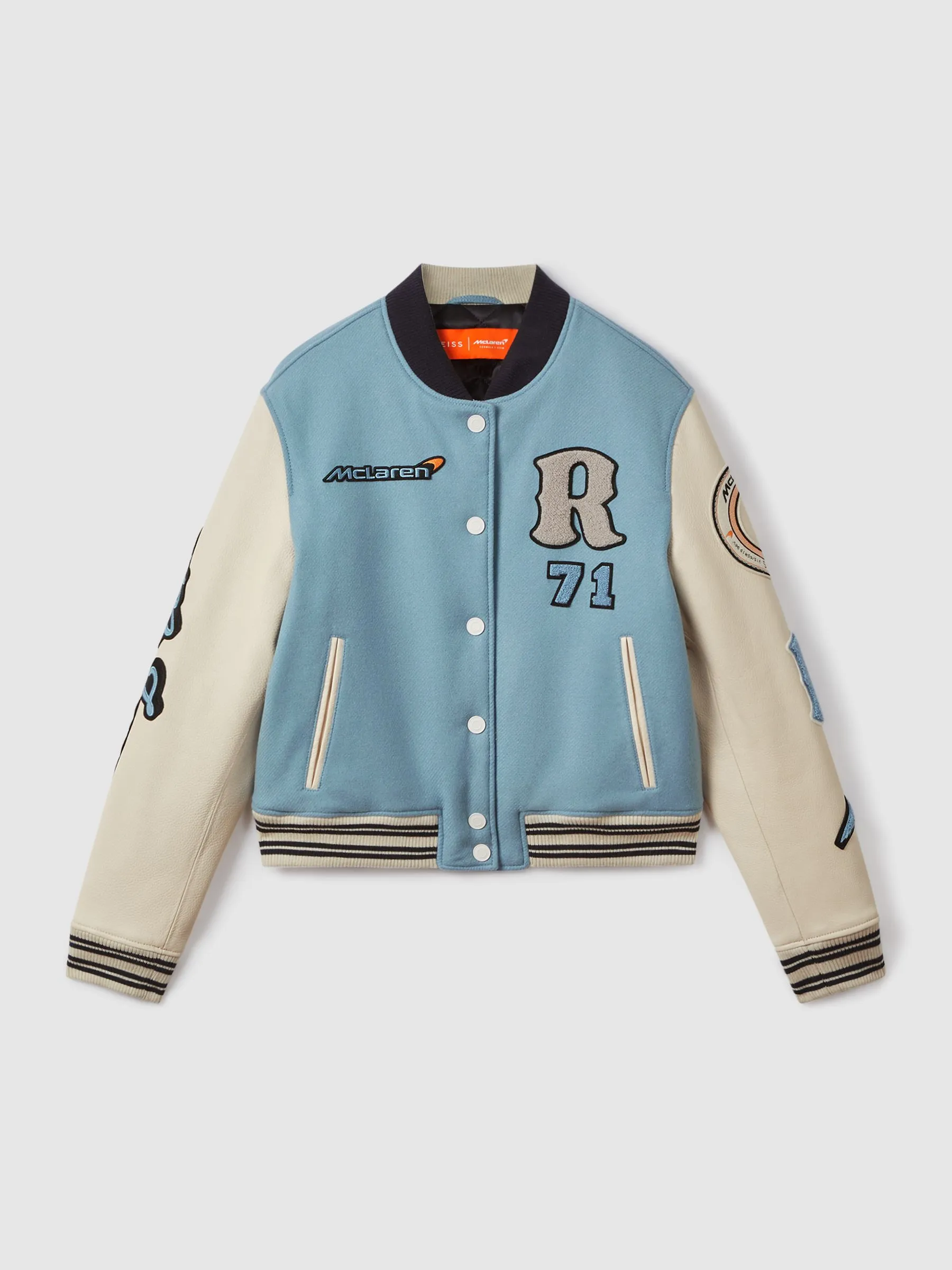 buy now McLaren Soft Blue Ecru Wool Varsity Jacket