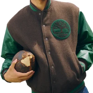 buy now Timberland Brown and Green Wool Leather Letterman Jacket