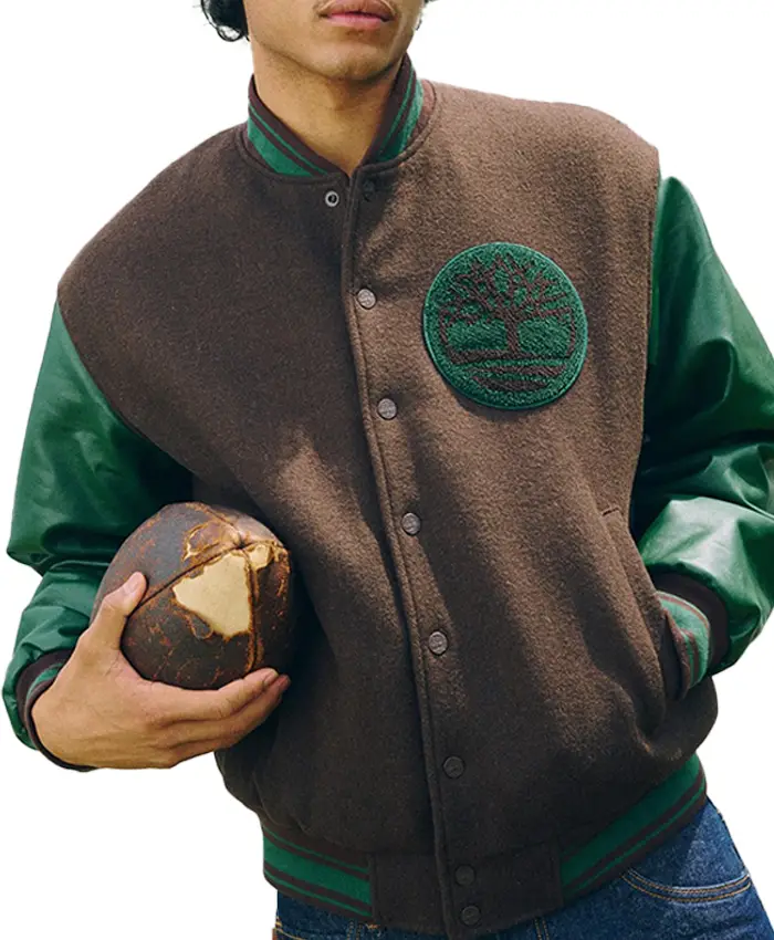 buy now Timberland Brown and Green Wool Leather Letterman Jacket