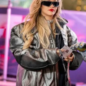 get Rihanna F1 Grand Prix of Las Vegas Racing Black Leather Jacket