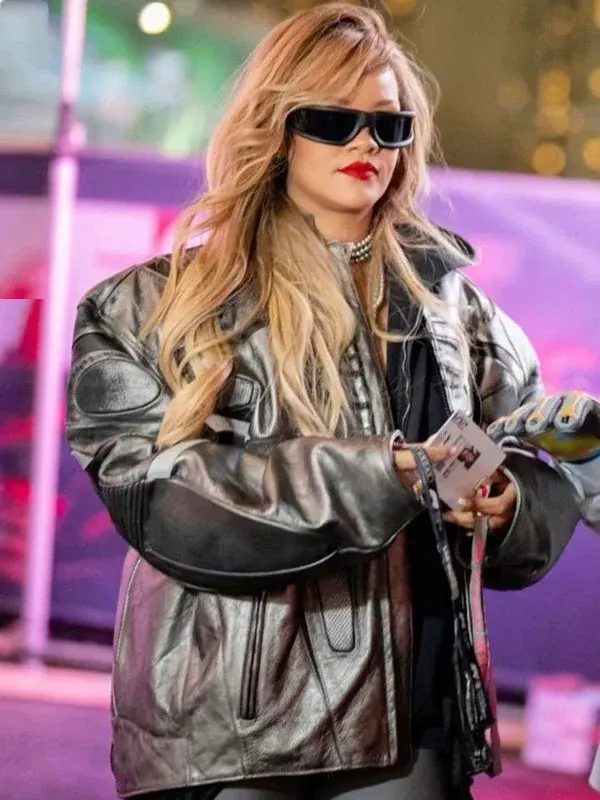 get Rihanna F1 Grand Prix of Las Vegas Racing Black Leather Jacket