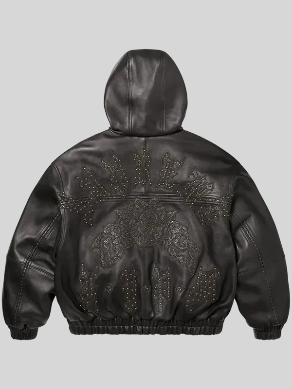 order now Supreme Studded Hooded Black Leather Jacket