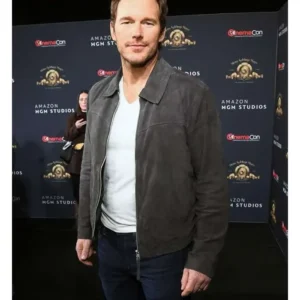 shop Chris Pratt Mercy 2026 Grey Suede Leather Jacket