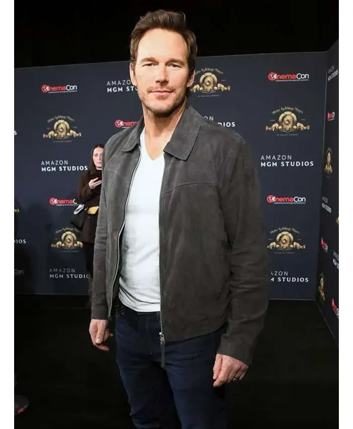 shop Chris Pratt Mercy 2026 Grey Suede Leather Jacket