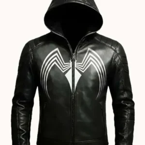shop now Spider Symbiote Black Hooded Leather Jacket