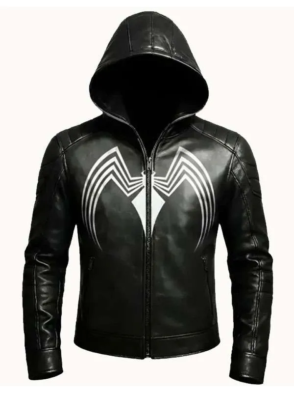 shop now Spider Symbiote Black Hooded Leather Jacket