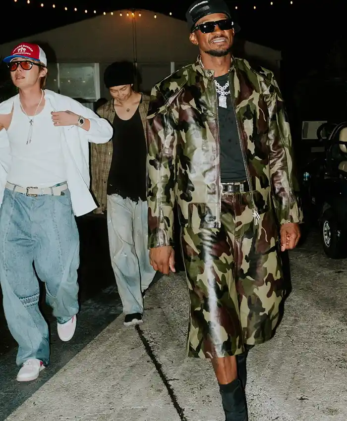 shop now Usher x BTS R&B Tour Camo Moto Leather Jacket