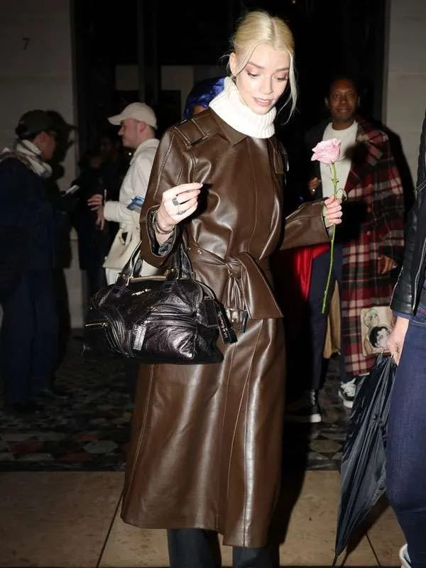 Anya Taylor Joy Brown Leather Coat