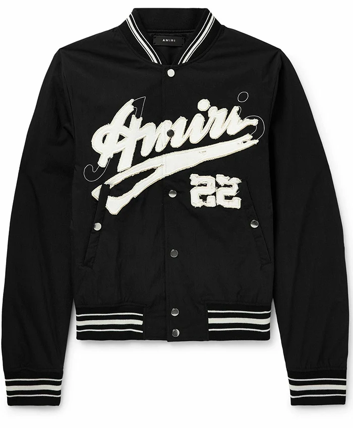 Bijan Robinson Amiri Distressed-Logo Shrunken Bomber Jacket