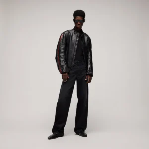 Black Leather Biker Jacket with Web Detail