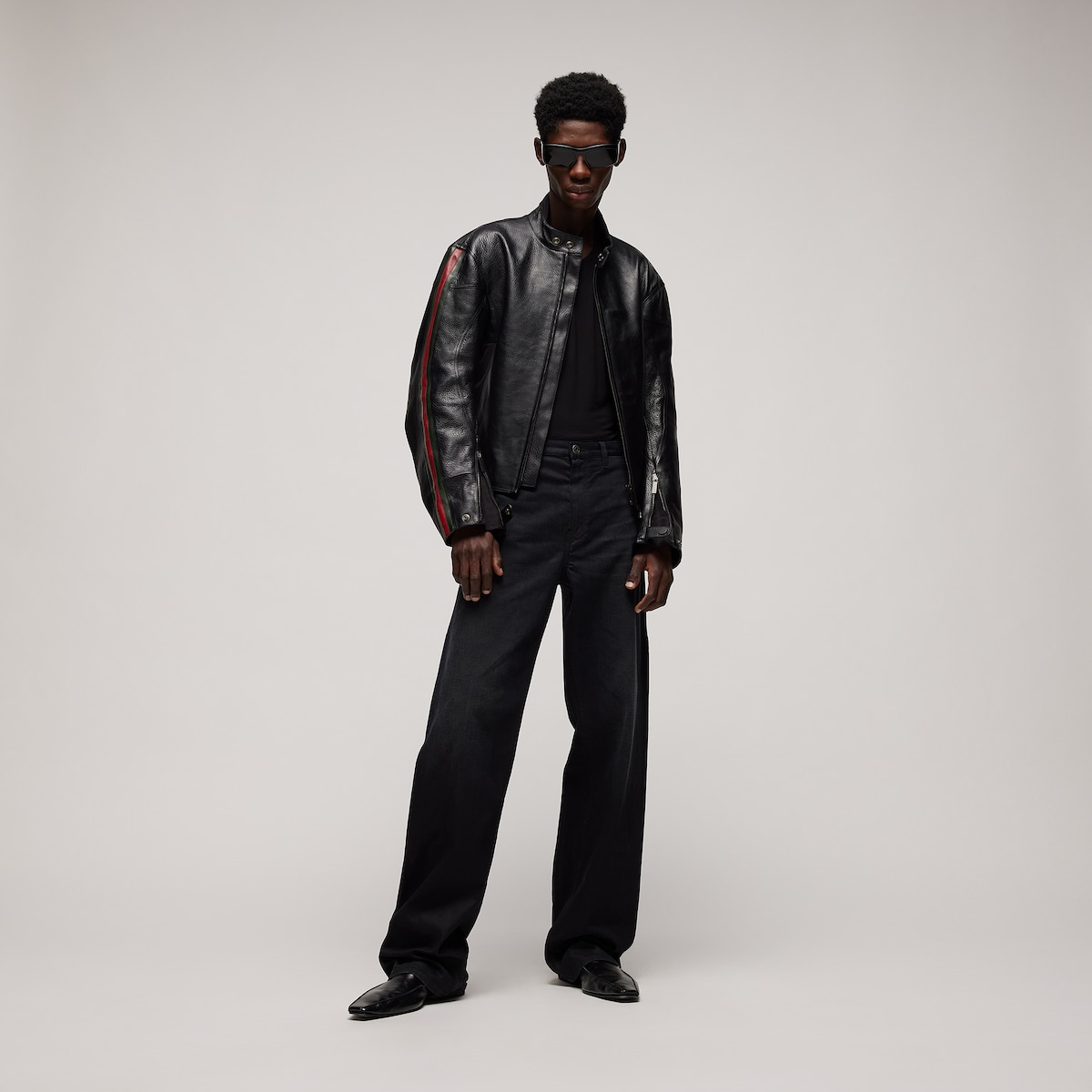 Black Leather Biker Jacket with Web Detail