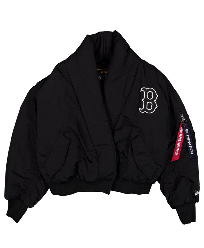 Boston Red Sox x Alpha x New Era Black Shawl Collar Flight Jacket For Sale