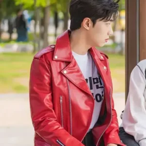 Get Cho Jun-young Spirit Fingers Red Leather Jacket