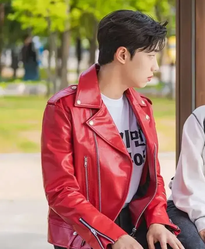 Get Cho Jun-young Spirit Fingers Red Leather Jacket